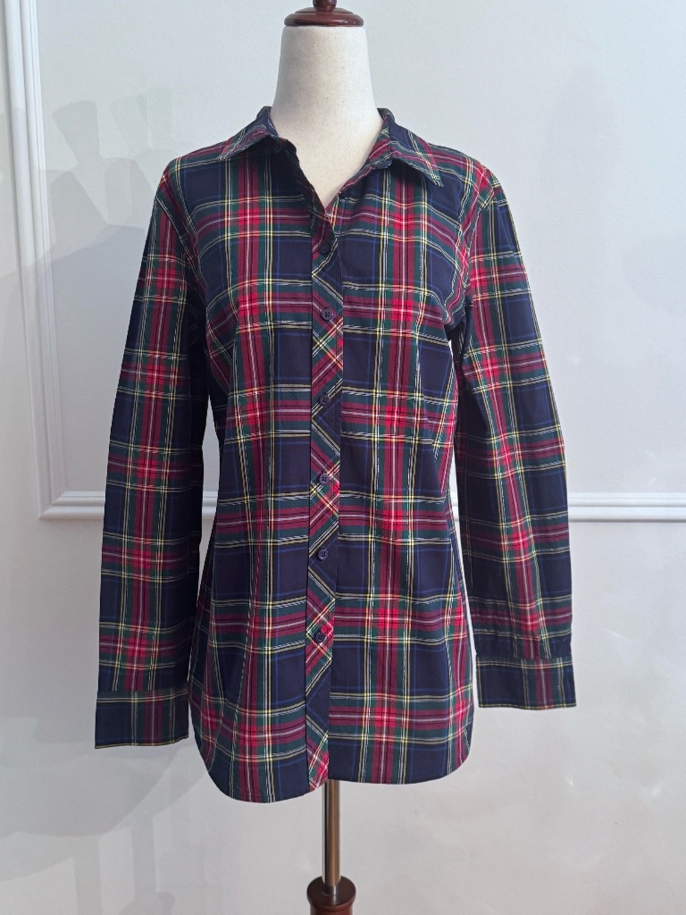 Talbots Tartan Plaid Button Up Shirt Metallic Holiday Navy Red Green Cotton M
